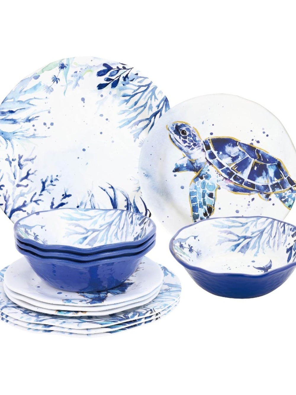 12 Piece Indigo Sea Life Melamine Dinnerware Set, Outdoor Dishes Set